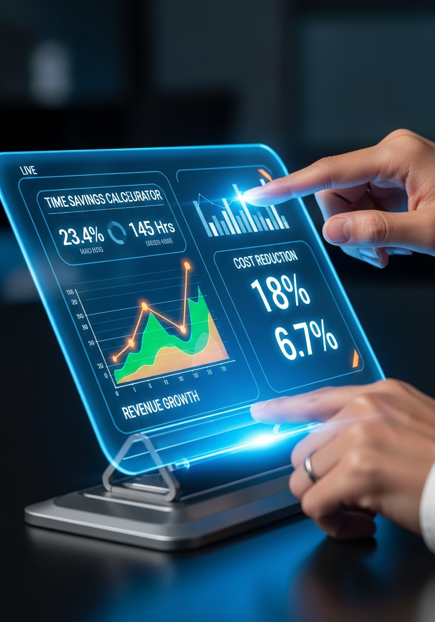 Hands on a tablet showing live ROI metrics